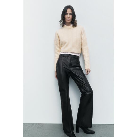 Zara Pants - Zara Genuine Leather Black Flared Trousers High Rise Pants Limited Edition S